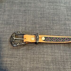 Tan and Multicolor Embroidered Belt with Silver Buckle